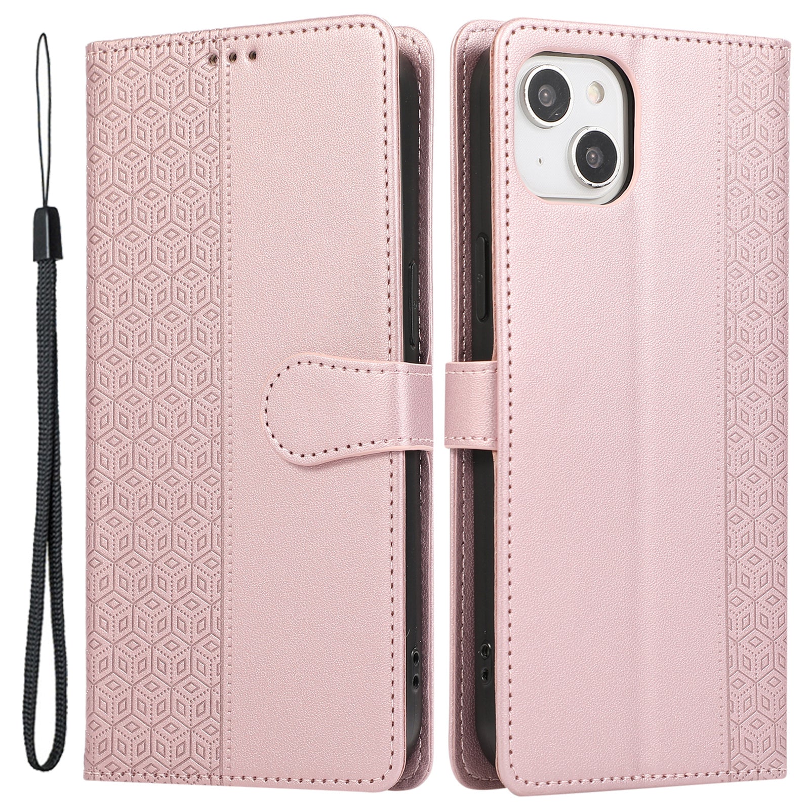 R20 for iPhone 13 6.1 inch Case PU Leather Splicing Rhombus Phone Cover with Wrist Strap R20 for iPhone 13 6.1 inch Case PU Leather Splicing Rhombus Phone Cover with Wrist Strap